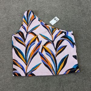 NWT Hilary Macmillan One-Shoulder Pink Tropical Leaf Top XL